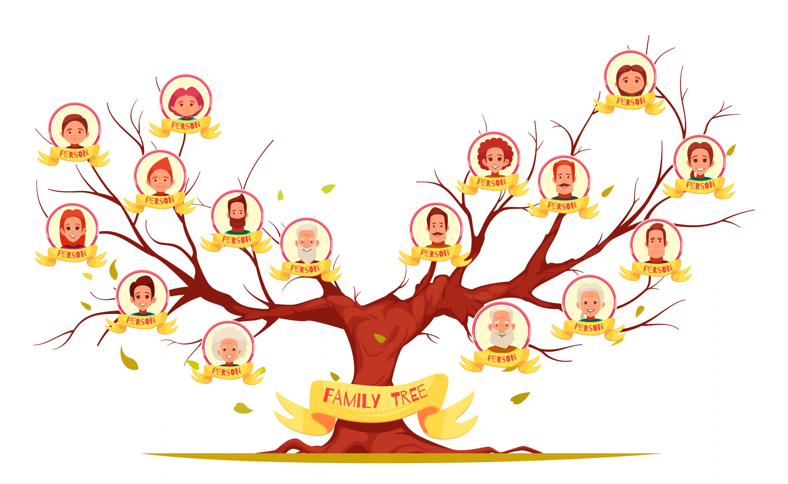 Image shows a drawn family tree with cartoon-like pictures of family members on the branches
