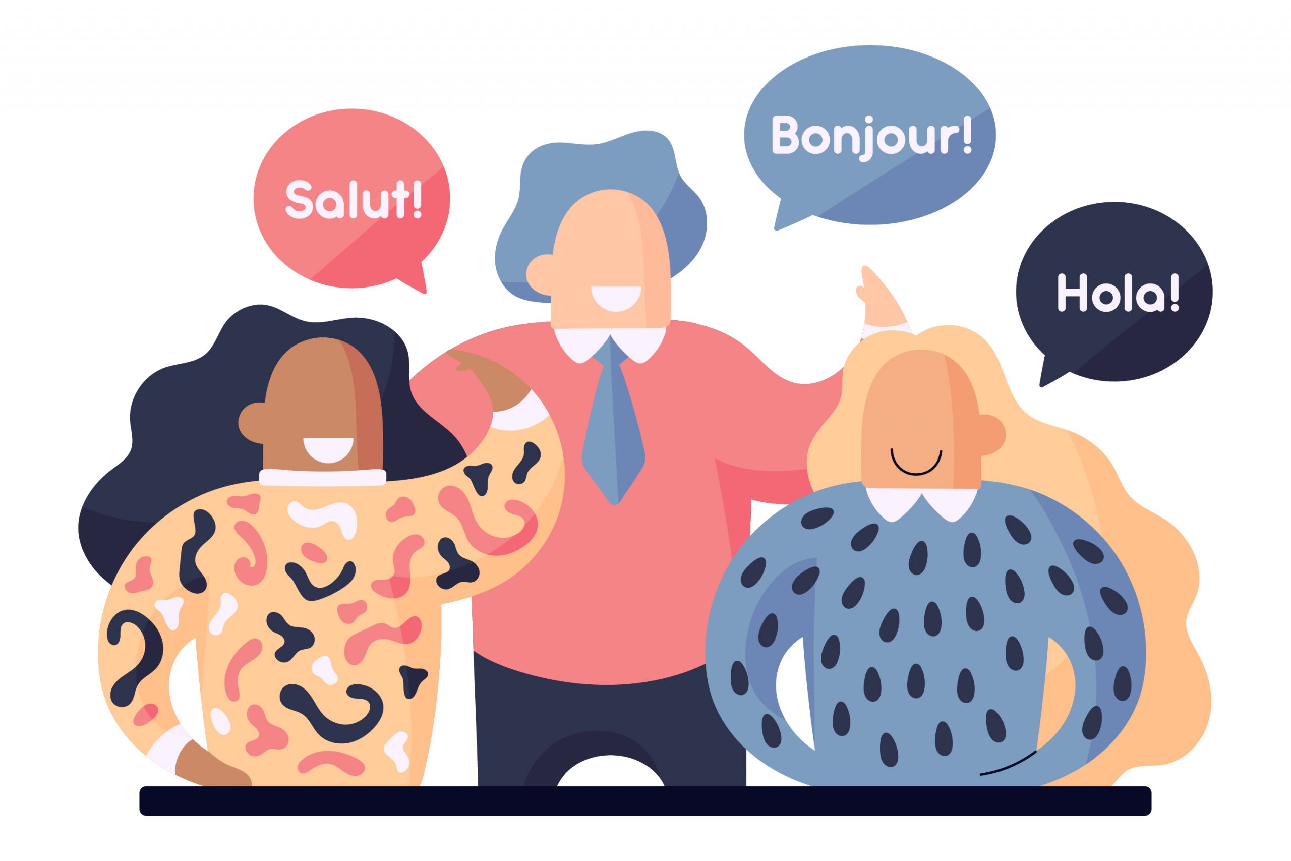 A group of people say "Hello" in French and Spanish