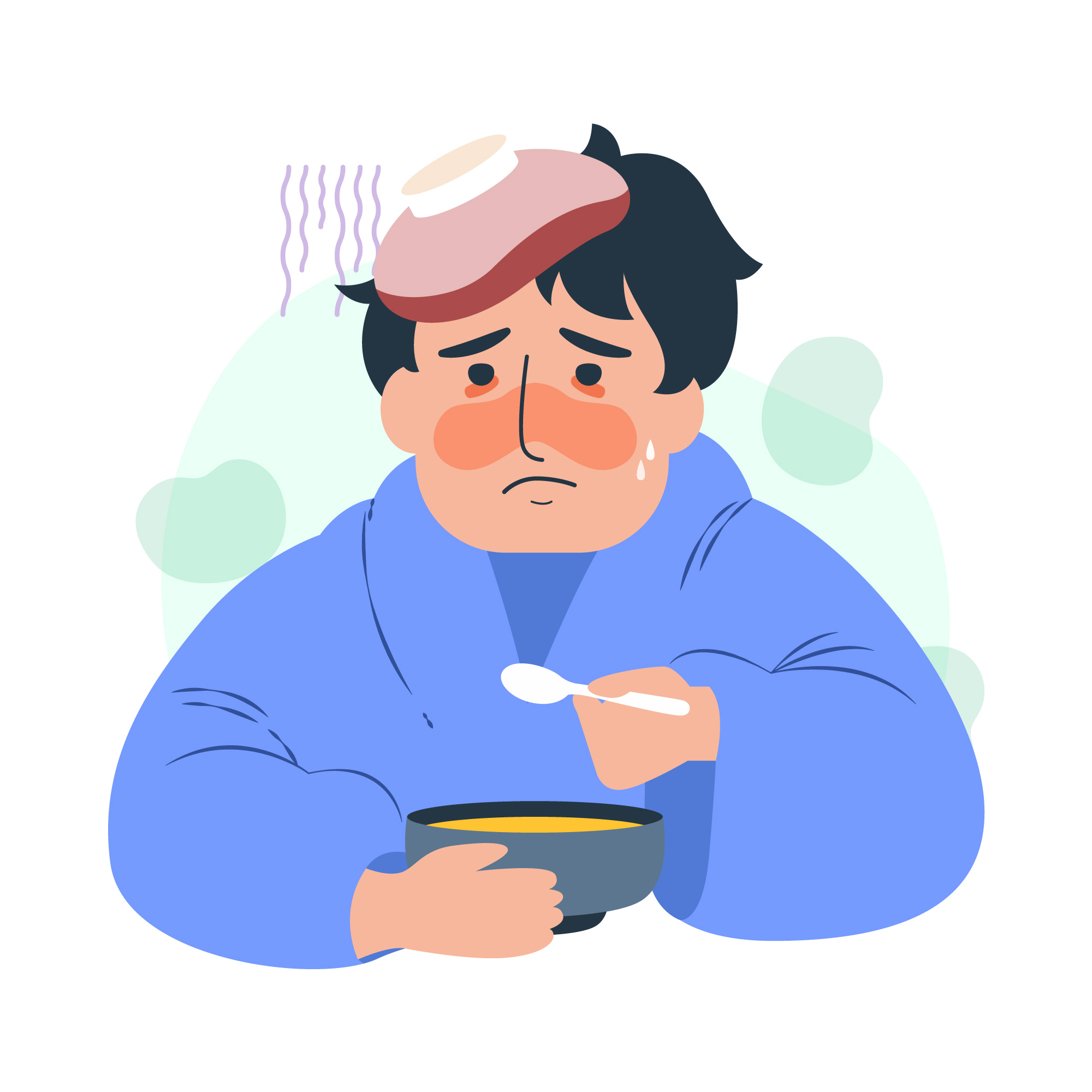 A sick man eats soup with an ice pack on his head