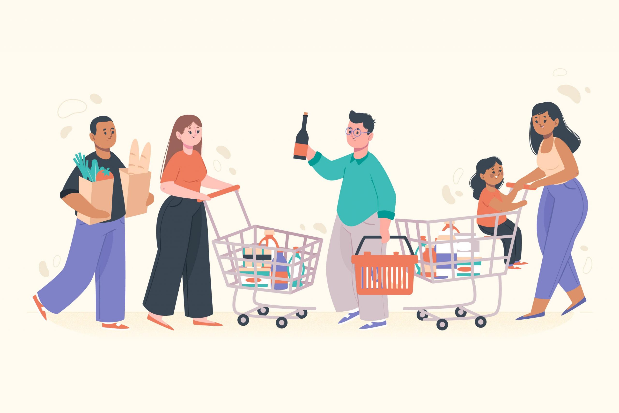 Five individuals grocery shop, pushing grocery carts and holding shopping baskets or paper bags