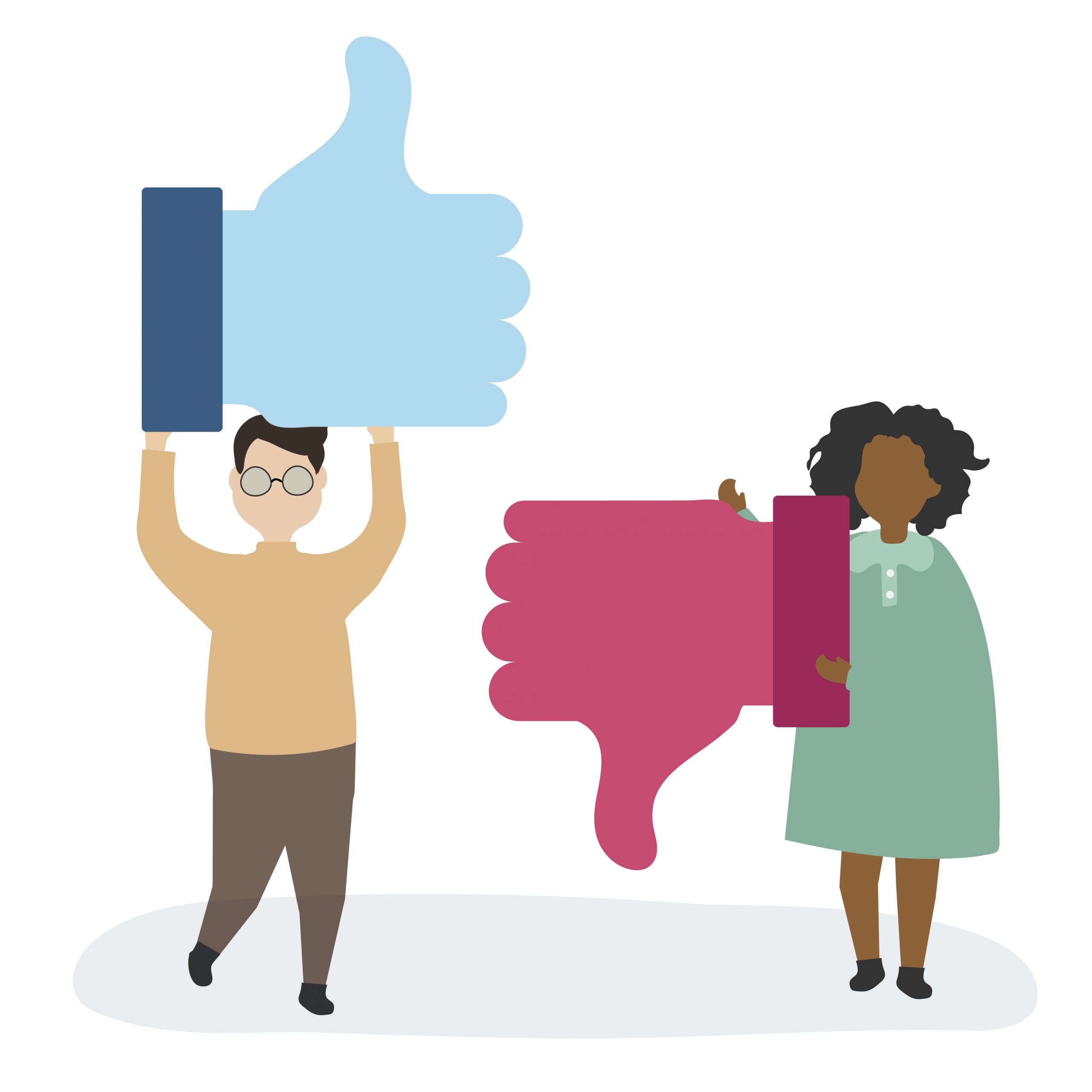 A man holding a Like symbol/Thumbs up and a woman holding a Dislike symbol/Thumbs down