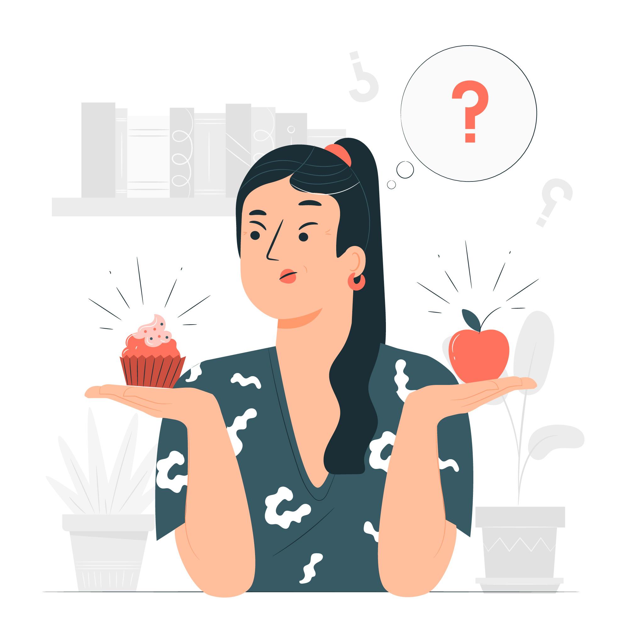 Woman with a question mark inside a thought bubble decides between a cupcake or an apple