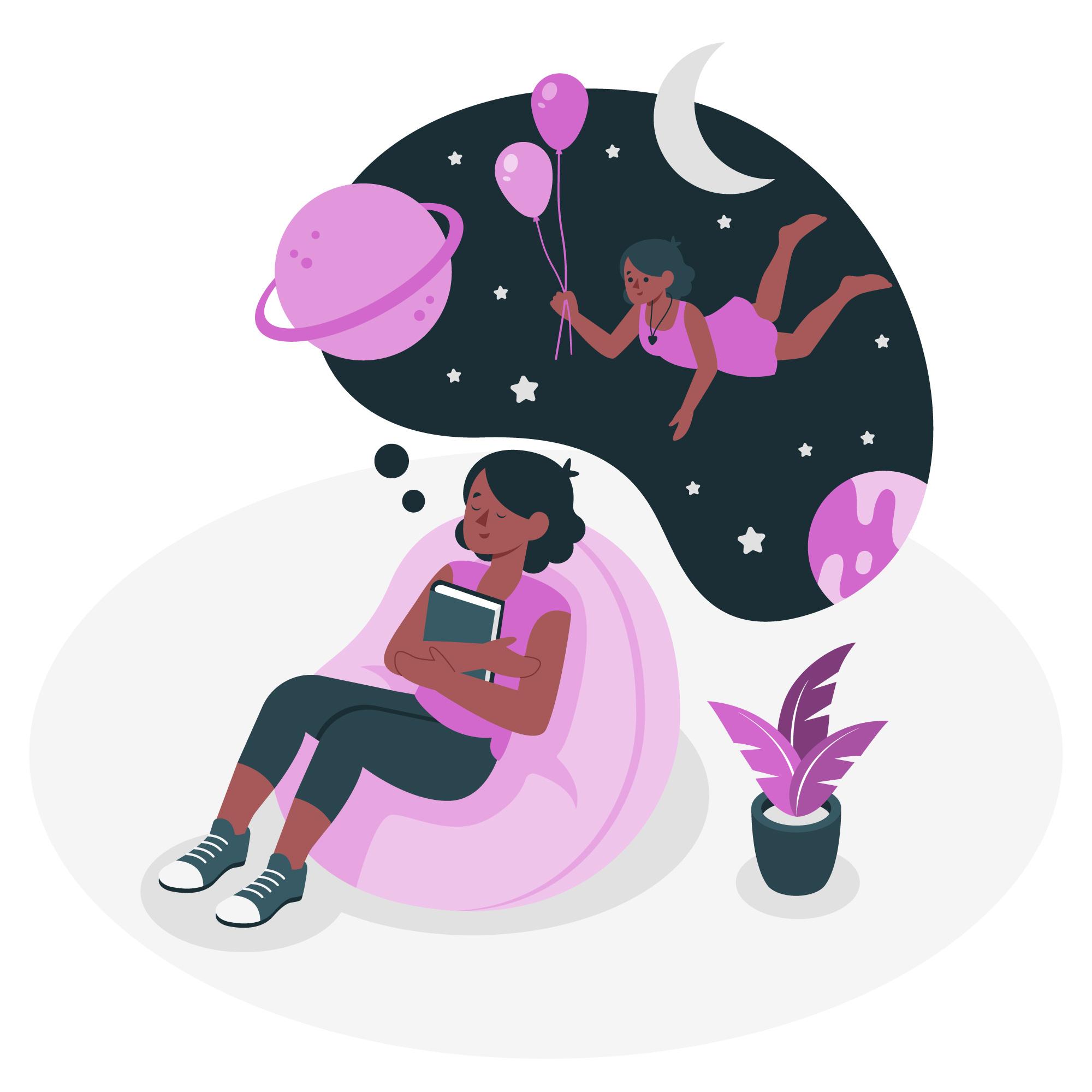 A woman sits in a beanbag chair holding a book and dreaming of flying through space holding 2 balloons