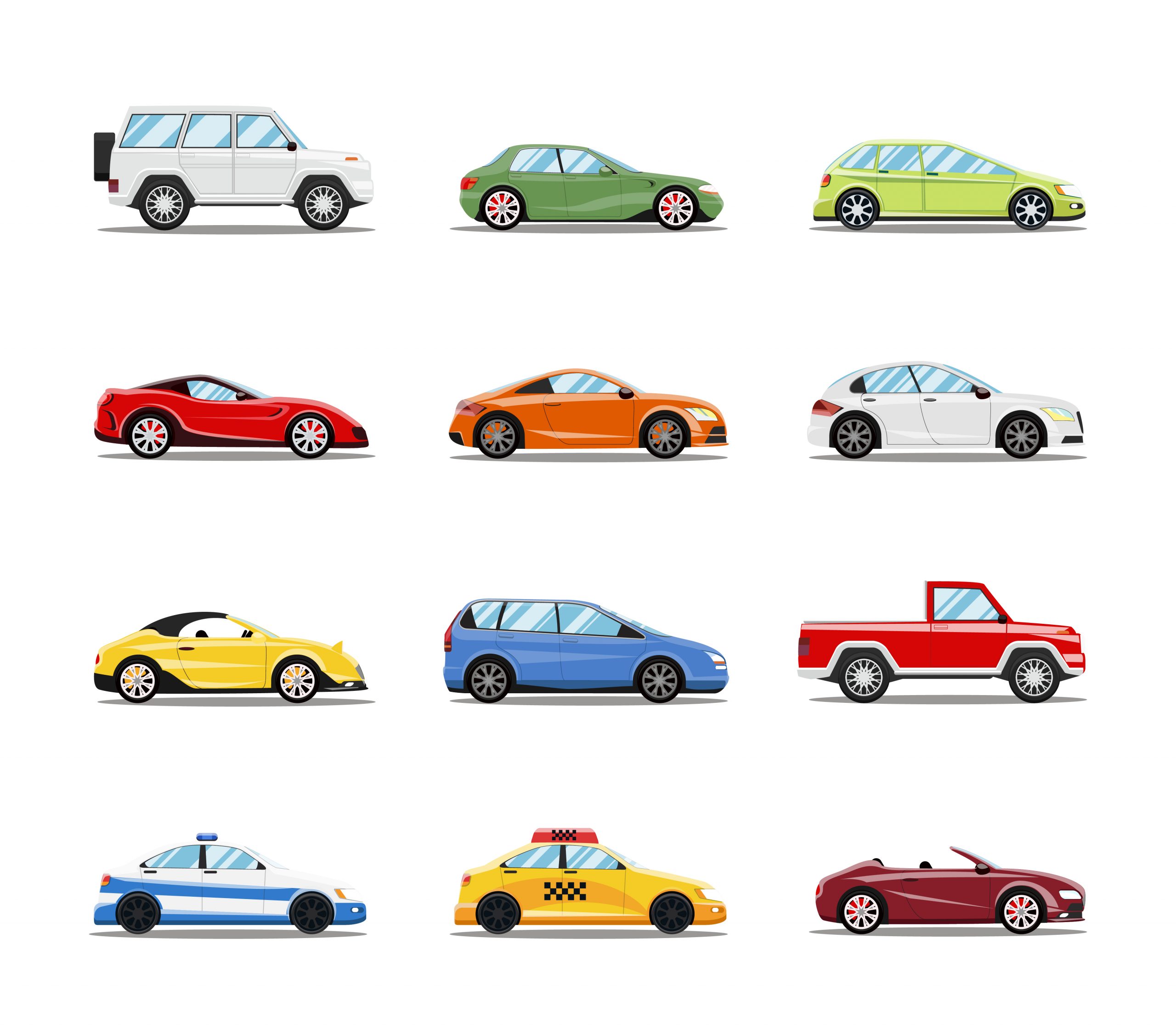 Image shows a 4x3 grid of cars of differing colors and sizes