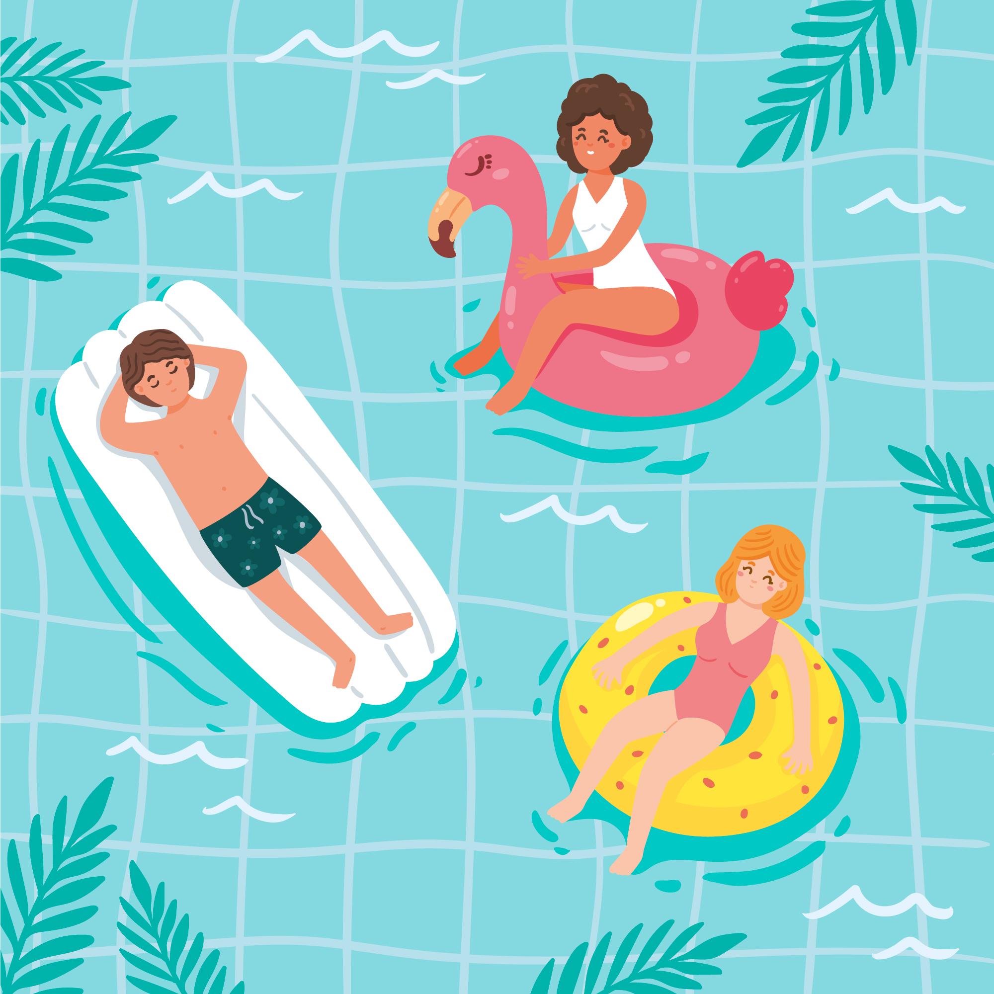 A man and two women float in a pool using inflatables