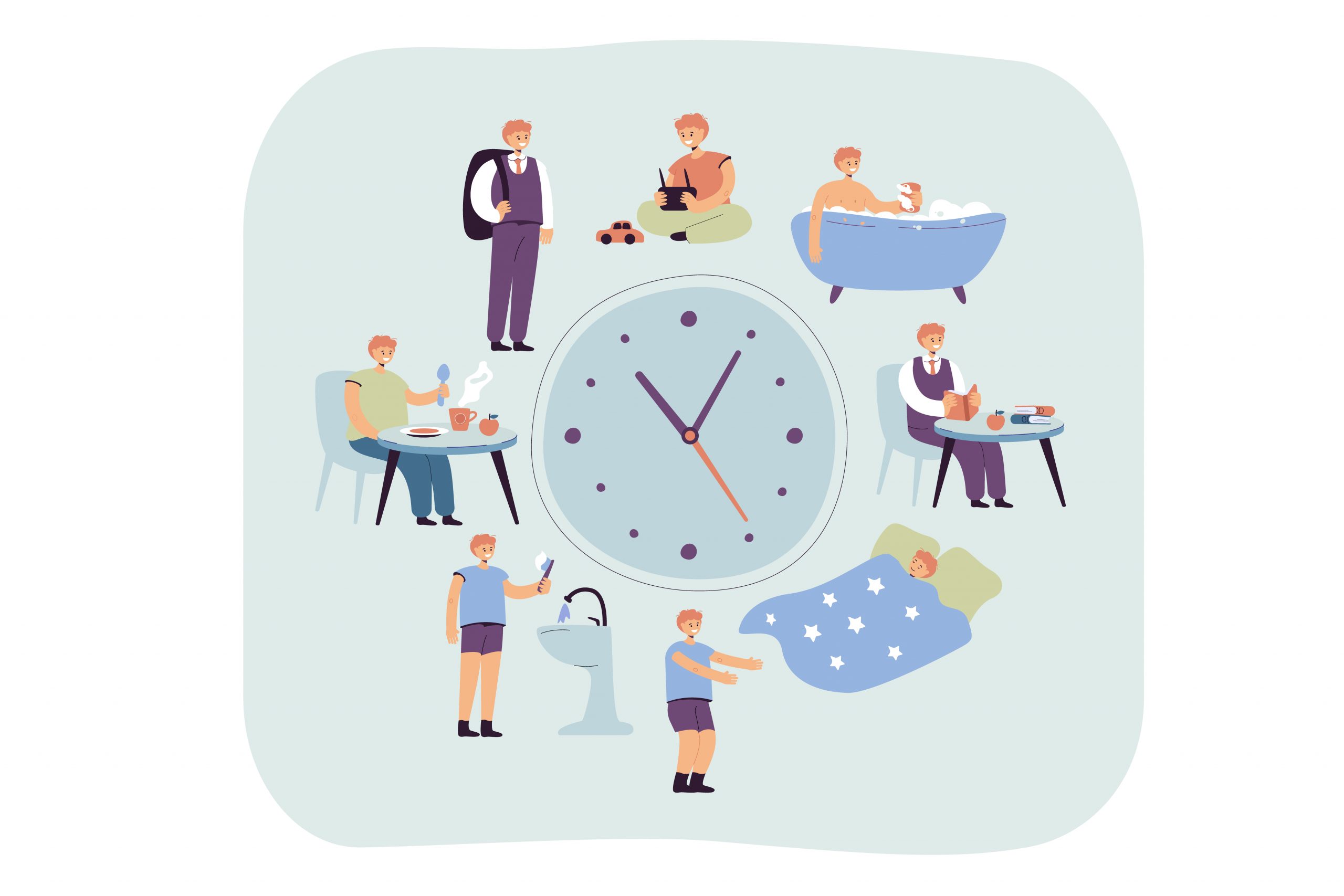 A cartoon clock is surrounded by people in various stages of the day, like in bed, in the bath, at breakfast, etc.