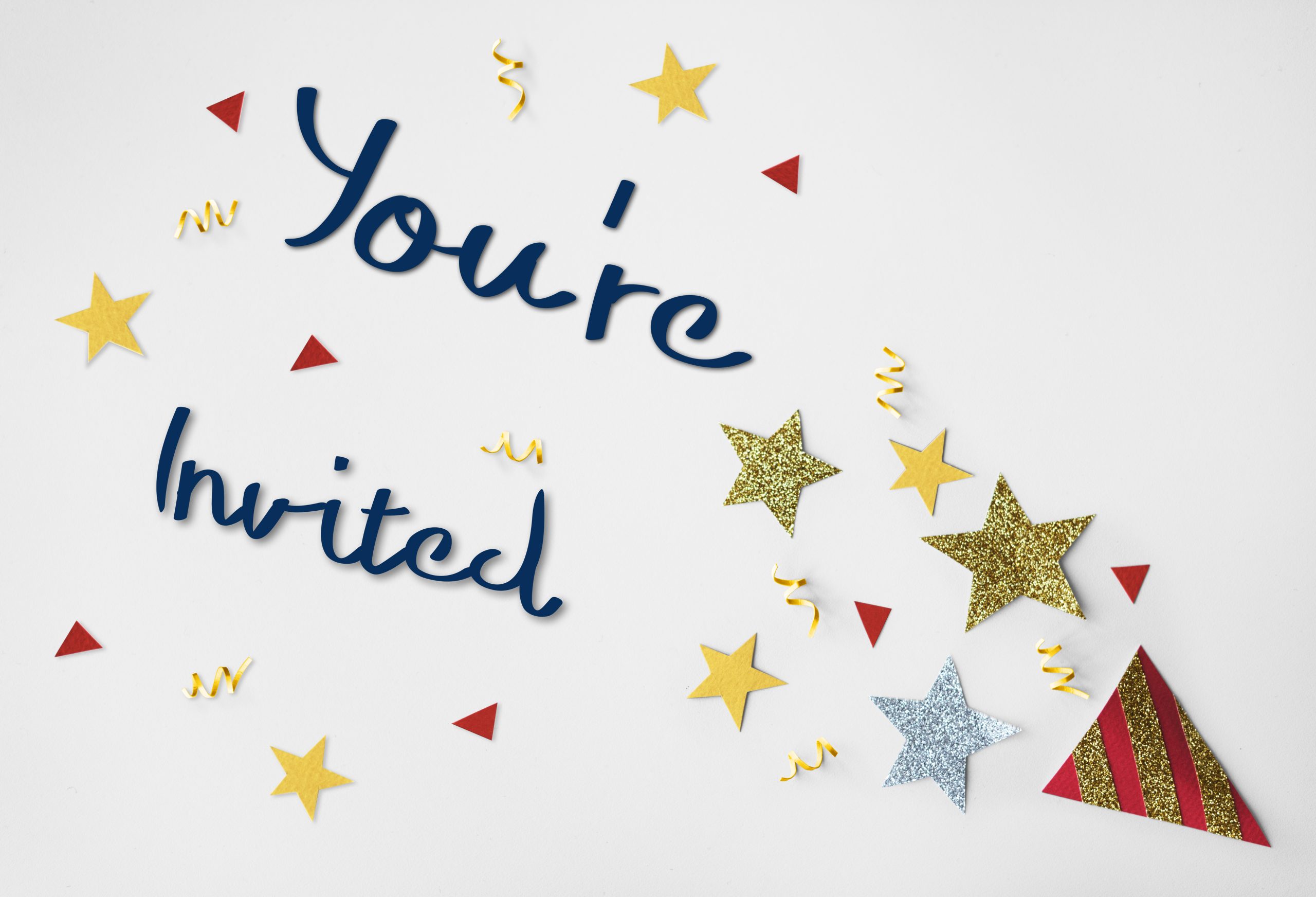 Image text reads "You're Invited" with stars and confetti around it