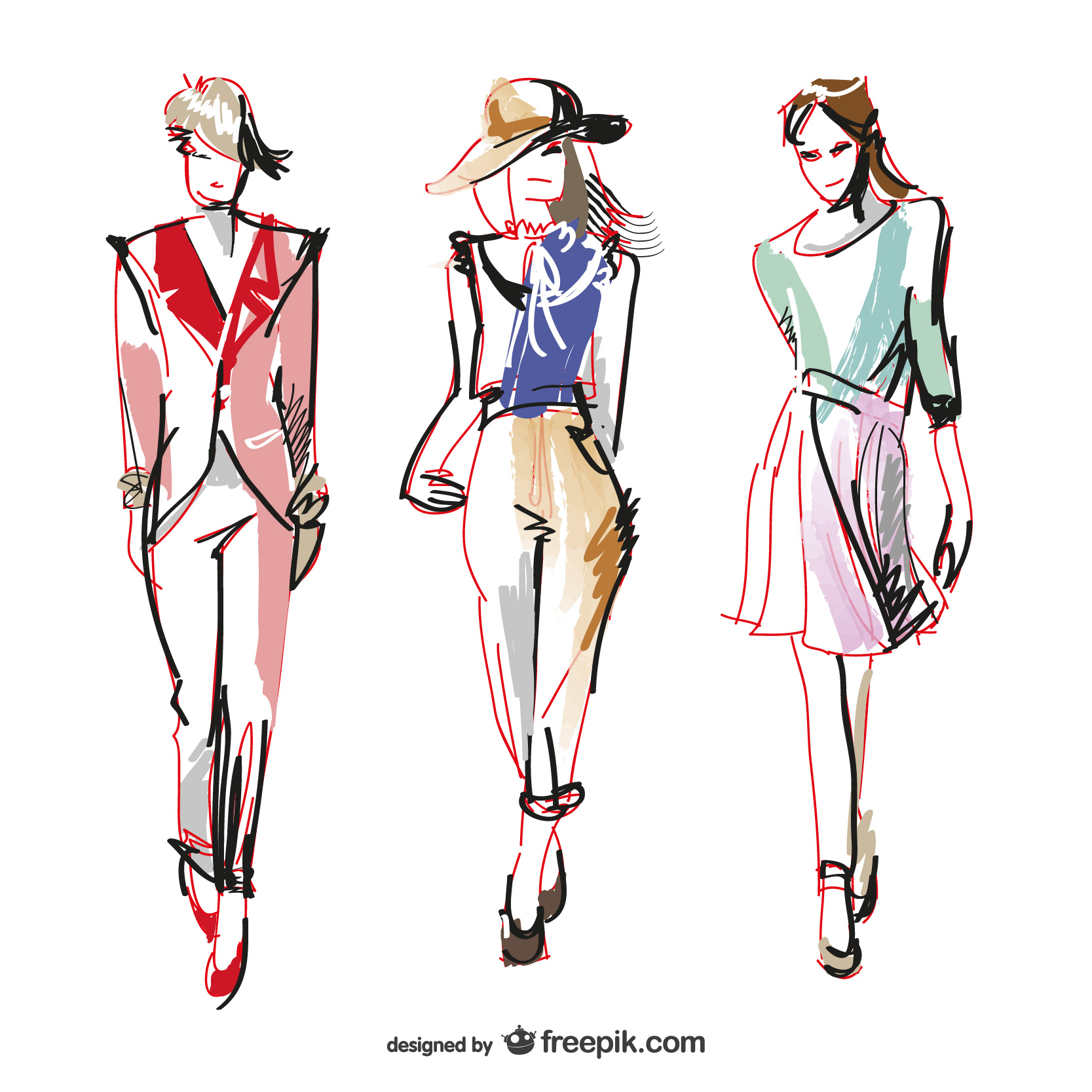 Image shows a sketch of 3 fashion models while walking