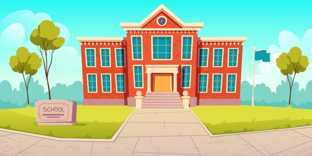 School building educational institution, college empty front yard with green trees, grass lawns, paving stones path, city architecture, place for studying, summer landscape Cartoon vector illustration