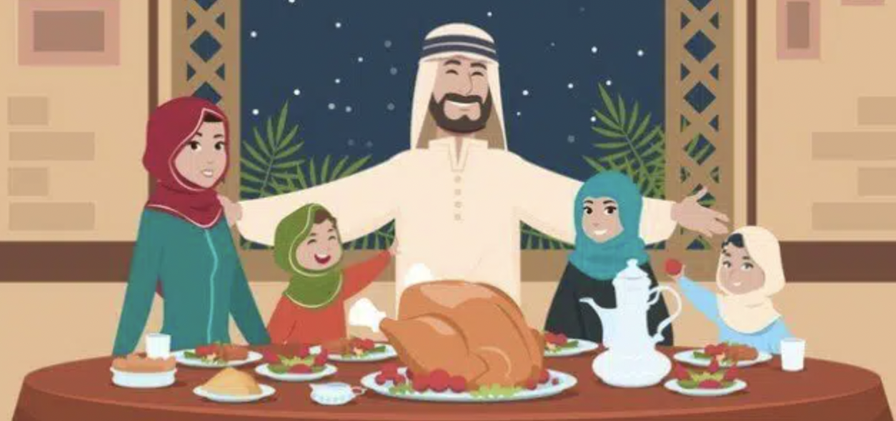 دعاء الانتهاء من الطعام - مقال Muslim family gathered around a table
