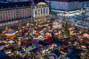 Drone photo of a large Christmas Market.