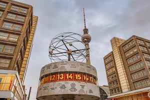 Photo of the Television tower from Alexanderplatz in Berlin.