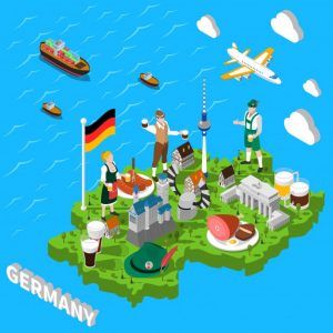Cartoon picture of a map of Germany with many smaller German cultural items.
