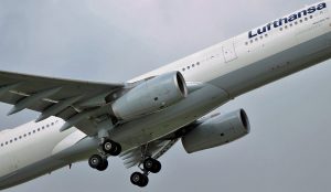 Picture of a Lufthansa airplane flying.