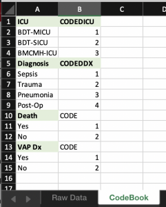 Example of codebook created in Microsoft Excel (TM) by adding a separate tab to your data file which clearly indicates how codes were assigned to your variables. This example provides a summary of the codes assigned in the example dataset