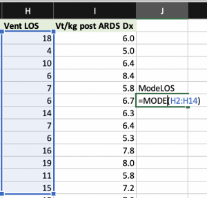 Selecting the function MODE to identify the mode value of the data set and selecting the range to be included.