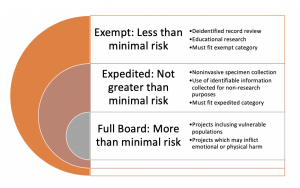 Differentiation of the three major levels of IRB review. The difference between the levels is primarily the degree of risk assumed by participants as a result of the proposed intervention. Categories of the individual review types can be investigated by reviewing 45.CFR.46 at www.HHS.org